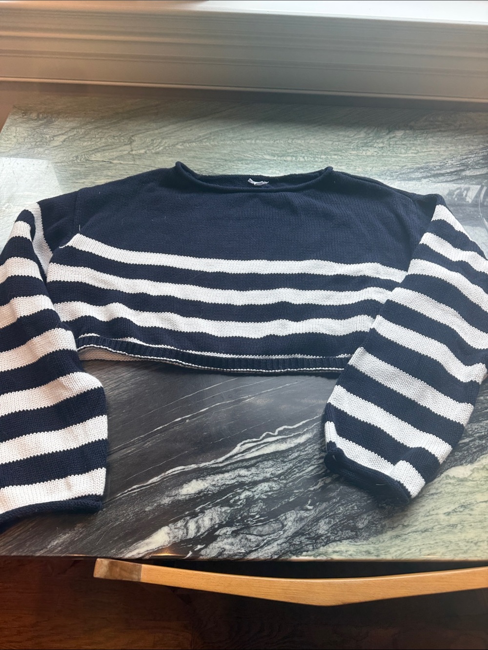 Garage Navy & White Striped Cropped Crew Sweater